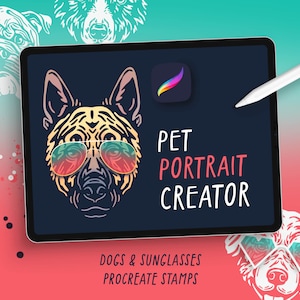 May include: A digital illustration of a dog wearing sunglasses. The image is on a tablet screen with the text "PET PORTRAIT CREATOR" and "DOGS & SUNGLASSES PROCREATE STAMPS".