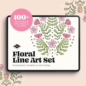 Op de afbeelding: Een digitale tablet toont een bloemenontwerp met roze bloemen en groene bladeren. De tekst "Floral Line Art Set" is te zien, samen met "100+ Procreate Brushes & Stamps". De achtergrond is zacht perzik van kleur.