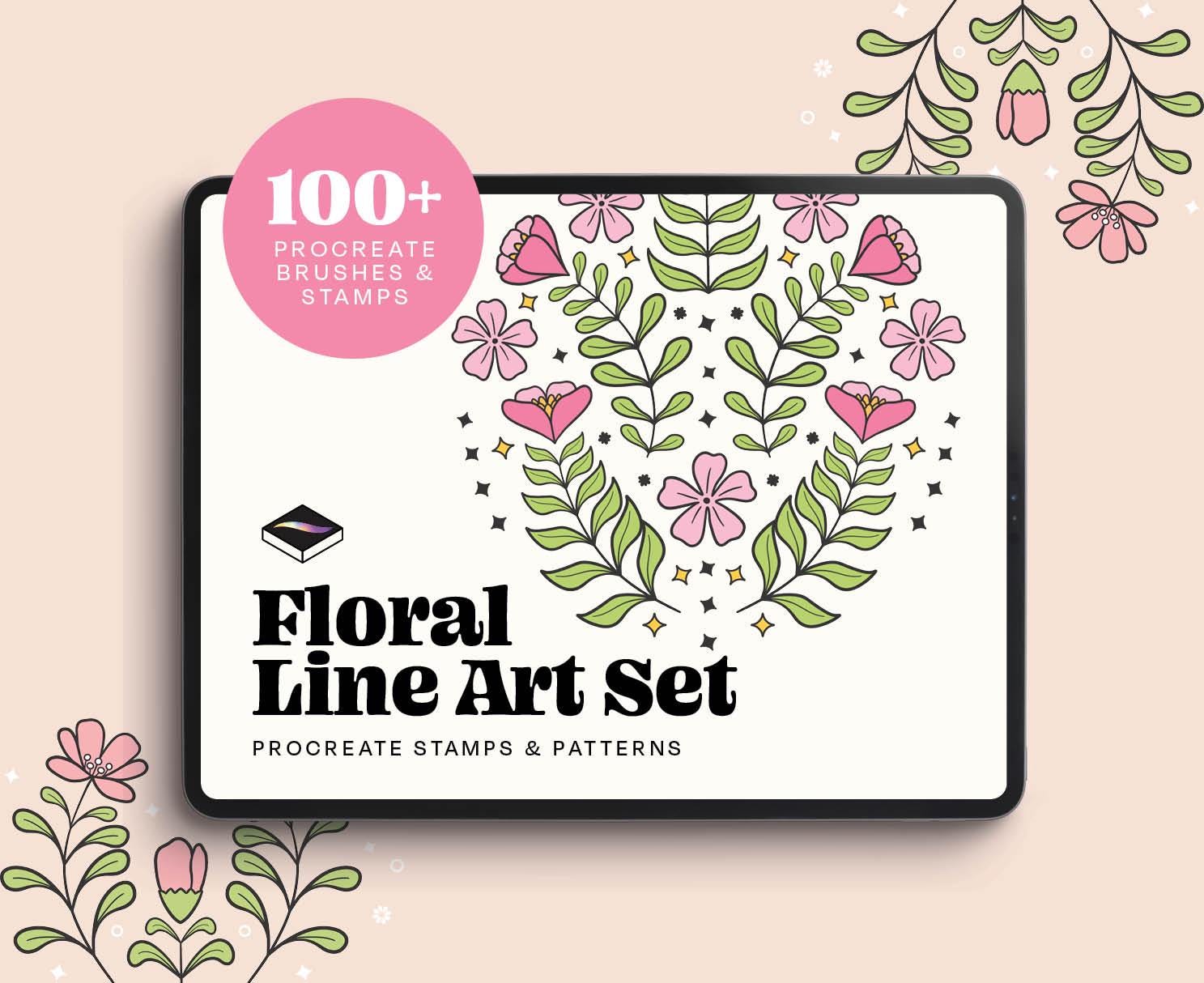 Pinceles de Procreate de arte lineal floral – Más de 100 sellos botánicos dibujados a mano, bordes y marcos