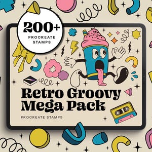 Retro Groovy Procreate-pakket – 200+ handgetekende stempels met funky gezichten, vormen, doodles en vintage designelementen