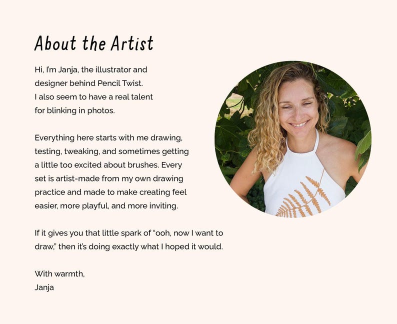 May include: A smiling woman with curly blonde hair wearing a white halter top with a fern design. The text "About the Artist" is at the top, with text below describing the artist and her work.