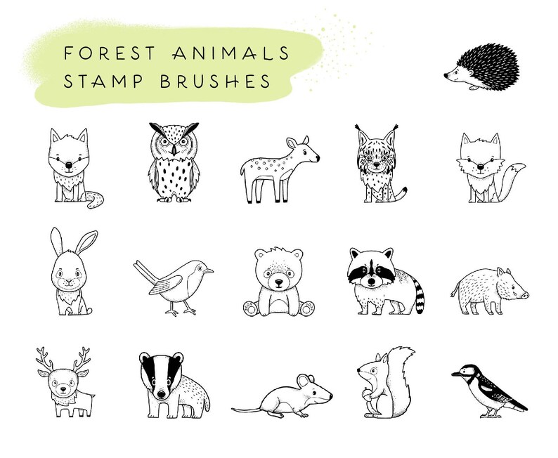 May include: Black and white line art illustrations of forest animals, including a deer, owl, fox, raccoon, badger, hedgehog, squirrel, mouse, and more. The illustrations are in a simple, cartoon style and would be perfect for use as stamps or brushes.