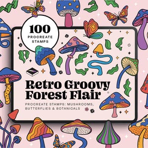 100 Procreate Stamps – Forest & Mushroom for Digital Art | Retro Boho Brushes with Butterflies, Psychedelic and Vintage Drawing Set
