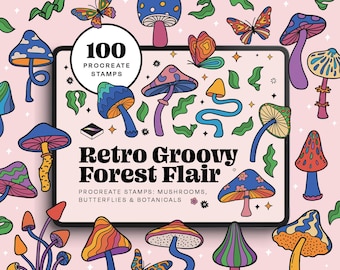 Mushroom & Butterfly Procreate Brushes - 100 Retro Forest Stamps for Psychedelic Art