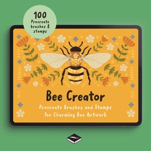 May include: A digital tablet displays a bee-themed design. The design features a large bee illustration with a yellow and black striped body, surrounded by floral elements. Text reads "Bee Creator" and "100 Procreate brushes & stamps."