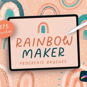 Könnte beinhalten: Eine digitale Illustration eines Tablet-Bildschirms mit dem Text "RAINBOW MAKER PROCREATE BRUSHES" und einer kleinen Regenbogengrafik. Das Tablet ist umgeben von einem Muster aus bunten Regenbögen und weißen Punkten auf einem pfirsichfarbenen Hintergrund. Der Text "175 Pinsel" befindet sich in einem Kreis auf der linken Seite des Bildschirms. Ein weißer Stift befindet sich auf der rechten Seite des Bildschirms.