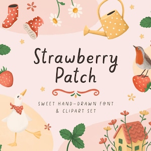 May include: A charming illustration with the text "Strawberry Patch". The image includes a watering can, a bird on a strawberry, a duck, and other garden-themed elements. The color palette features pink, red, and yellow.