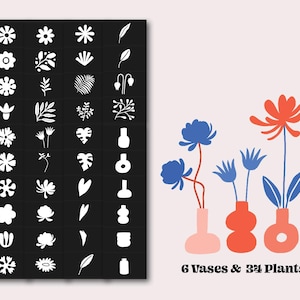 Puede incluir: Un conjunto de 6 jarrones blancos y 24 ilustraciones de plantas blancas sobre un fondo negro. Las ilustraciones incluyen flores, hojas y otros elementos bot&aacute;nicos. El texto "6 Vases & 24 Plants" est&aacute; en la parte inferior de la imagen.