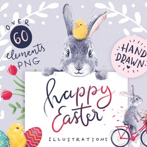 Lot de cliparts de Pâques dessinés à la main - plus de 60 illustrations PNG avec des lapins, des poussins, des fleurs, des œufs, des couronnes, des cartes pour l'artisanat et la conception
