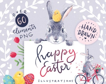 Hand Drawn Easter Clipart Bundle: Bunnies, Chicks, Flowers (PNG)