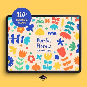 May include: A digital tablet displays a colorful floral pattern with the text "Playful Florals for Procreate." A blue circle reads "120+ Brushes & Stamps." The design features flowers, birds, and leaves in various colors on a cream background.
