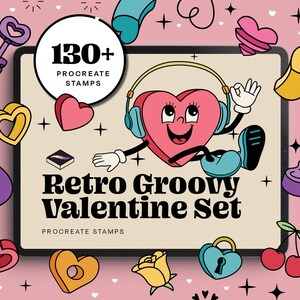 Op de afbeelding: Een digitale illustratie van een retro groovy Valentijnsdagset met meer dan 130 Procreate-stempels. De illustratie toont een hartvormig personage met een koptelefoon, een sleutel en verschillende harten in verschillende kleuren en stijlen.