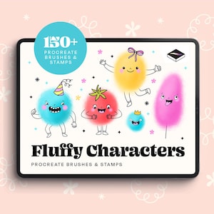 Pode incluir: Um tablet digital exibe ilustrações de personagens fofinhos. A tela do tablet mostra um círculo azul com o texto "150+ Procreate Brushes & Stamps" e as palavras "Fluffy Characters" abaixo das ilustrações.