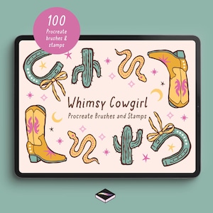 May include: A digital art illustration on a tablet screen featuring whimsical cowgirl-themed Procreate brushes and stamps. The design includes cowboy boots, cacti, horseshoes, and snakes in a pastel color palette. Text reads "Whimsy Cowgirl".