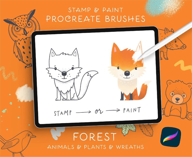May include: A digital illustration of a fox and a wolf on a tablet screen. The text "STAMP or PAINT" is below the animals. The text "FOREST ANIMALS & PLANTS & WREATHS" is below the tablet screen. The image is for Procreate brushes.