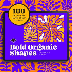 Op de afbeelding: Een digitale illustratie van 100 handgetekende Procreate-stempels met gedurfde organische vormen. De stempels zijn in verschillende kleuren, waaronder oranje, geel en wit. De tekst "Bold Organic Shapes" en "Procreate Stamps" wordt weergegeven op een paarse achtergrond.