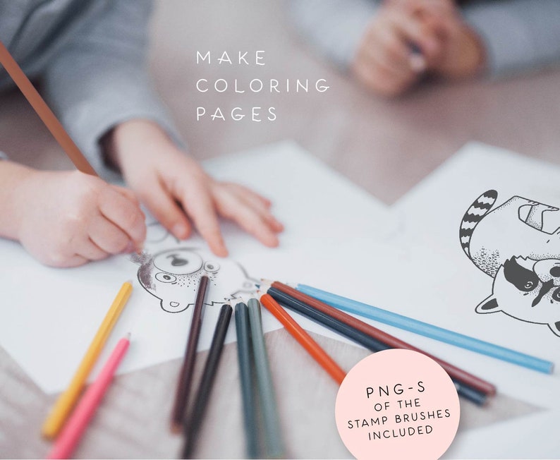 May include: A child colors a black and white illustration of a raccoon with a set of colored pencils. The text "MAKE COLORING PAGES" is at the top of the page. The text "PNG-S OF THE STAMP BRUSHES INCLUDED" is at the bottom of the page.