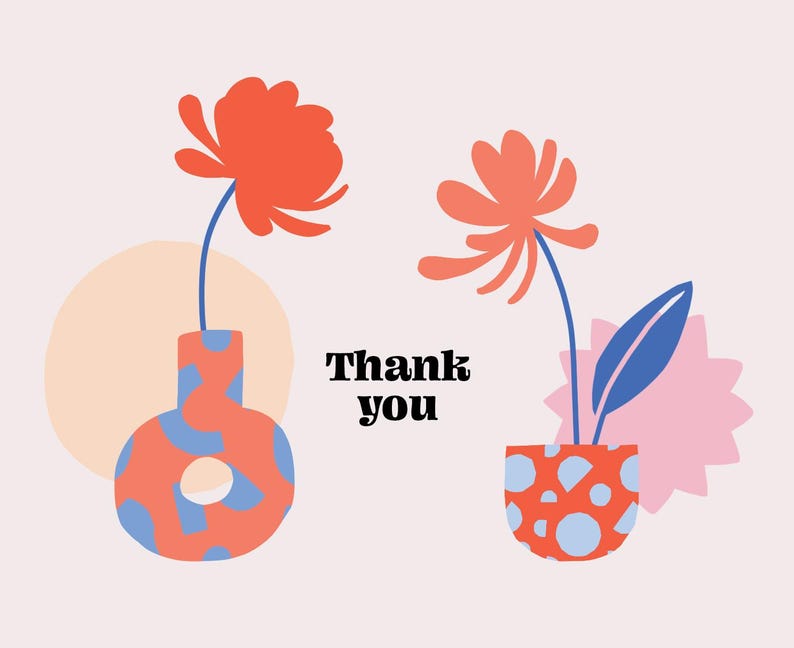 Puede incluir: Dos plantas en maceta con flores rojas y hojas azules. Las macetas est&aacute;n decoradas con patrones geom&eacute;tricos rojos y azules. El texto "Gracias" est&aacute; escrito en letras negras debajo de las plantas.
