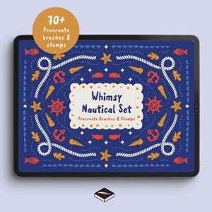 Puede incluir: Una tableta digital muestra un diseño náutico caprichoso. El fondo azul presenta cuerdas blancas, anclas, estrellas de mar y peces. El texto dice "Whimsy Nautical Set" y "70+ Procreate brushes & stamps."