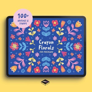 May include: A digital tablet displays a vibrant floral design in a crayon style. The design features colorful flowers and leaves on a blue background. Text on the screen reads "Crayon Florals for Procreate" and "100+ Brushes & Stamps."