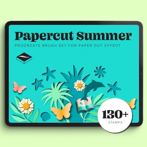 May include: A digital illustration on a tablet with a turquoise background, showcasing papercut-style summer elements. The design includes butterflies, starfish, flowers, and a dolphin. Text reads "Papercut Summer" and "130+ Stamps."