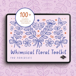 Puede incluir: Una tableta digital muestra un diseño floral caprichoso con mariposas, flores y lazos en azul y naranja. El texto dice "Whimsical Floral Toolkit for Procreate" con un gráfico de "100+ Stamps, Patterns & Textures".