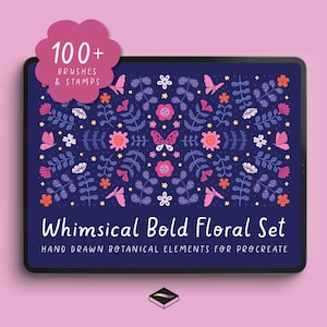 May include: A digital tablet shows a whimsical floral pattern with pink flowers, butterflies, and leaves on a dark blue backdrop. The text reads "Whimsical Bold Floral Set" and "Hand Drawn Botanical Elements for Procreate". A pink flower graphic reads "100+ Brushes & Stamps".