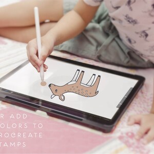 May include: A child uses a stylus to color a digital illustration of a brown deer on a tablet. The text "OR ADD COLORS TO PROCREATE STAMPS" is visible below the tablet.