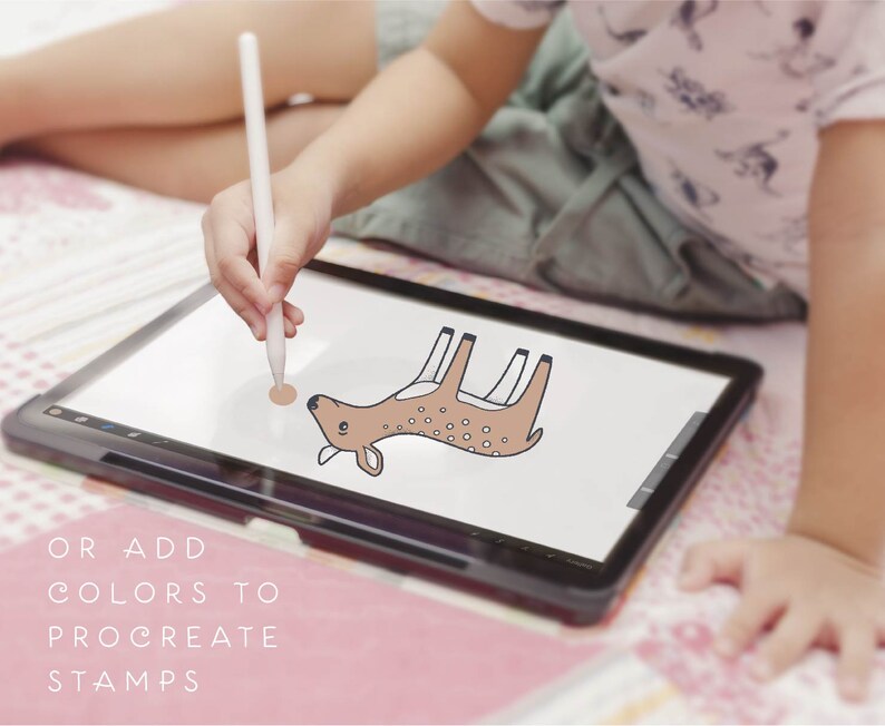 May include: A child uses a stylus to color a digital illustration of a brown deer on a tablet. The text "OR ADD COLORS TO PROCREATE STAMPS" is visible below the tablet.