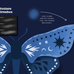 A blue moth with white and black star-shaped designs on its wings. The butterfly is against a dark blue background. The text "ADD SOME DEPTH USING THE TEXTURED BRUSHES." is on the right side of the image.