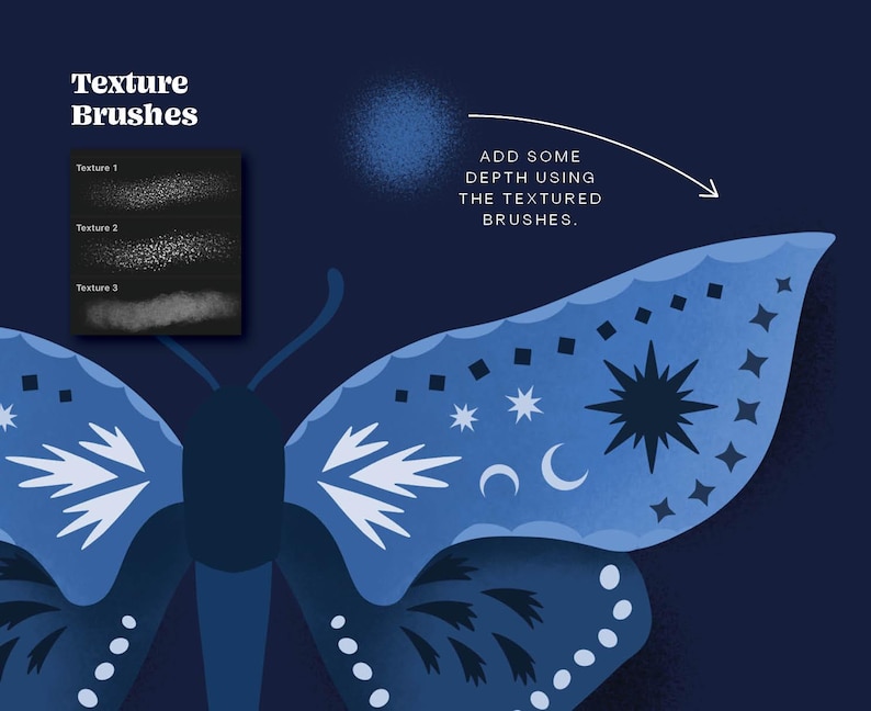 A blue moth with white and black star-shaped designs on its wings. The butterfly is against a dark blue background. The text "ADD SOME DEPTH USING THE TEXTURED BRUSHES." is on the right side of the image.