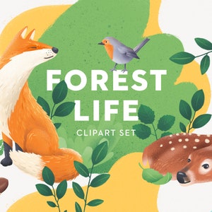 Könnte beinhalten: Ein digitaler Clipart-Satz mit Illustrationen von Waldtieren, darunter ein Fuchs, ein Reh und ein Rotkehlchen. Die Illustrationen sind im Cartoon-Stil gehalten und vor einem Hintergrund aus grünen Blättern und gelben und weißen Formen angeordnet. Der Text "FOREST LIFE CLIPART SET" ist in weißen Buchstaben dargestellt.