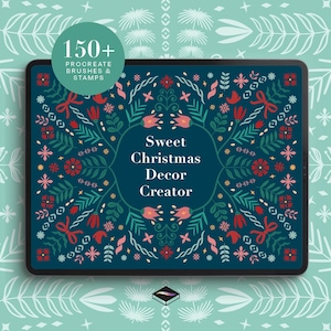 May include: A digital tablet shows a floral design with the text "Sweet Christmas Decor Creator." The design features red flowers, green leaves, and pink accents. The tablet also includes the text "150+ Procreate Brushes & Stamps."