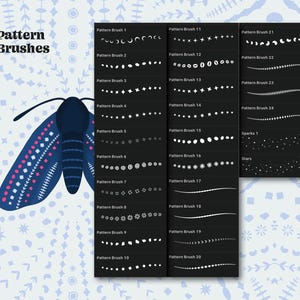 A set of 20 digital pattern brushes for use in design software. The brushes feature a variety of patterns, including stars, circles, dots, and lines. The brushes are displayed on a black background with white text.