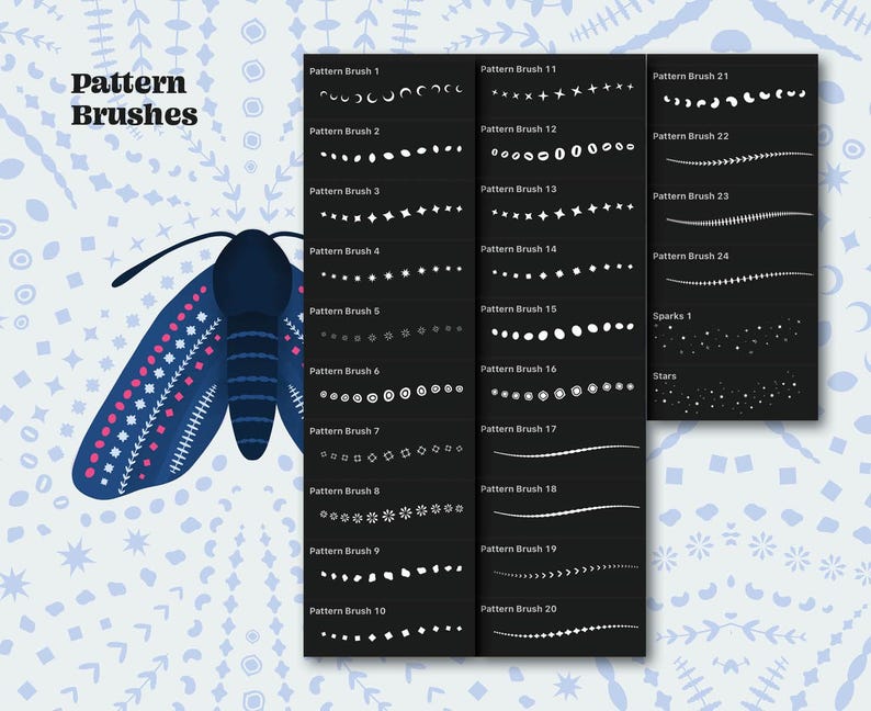 A set of 20 digital pattern brushes for use in design software. The brushes feature a variety of patterns, including stars, circles, dots, and lines. The brushes are displayed on a black background with white text.