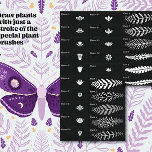 A black and white graphic design sheet with various plant and flower brush strokes. The text "Draw plants with just a stroke of the special plant brushes" is at the top of the sheet.