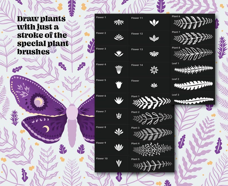 A black and white graphic design sheet with various plant and flower brush strokes. The text "Draw plants with just a stroke of the special plant brushes" is at the top of the sheet.