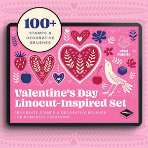 May include: A digital tablet displays a pink Valentine's Day Linocut-Inspired Set. The screen features decorative hearts, flowers, and fruit illustrations. Text includes "100+ Stamps & Decorative Brushes" and "Procreate Stamps & Decorative Brushes for Romantic Creations."