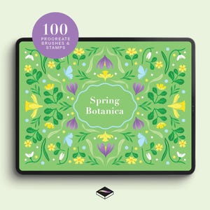 Może przedstawiać: Cyfrowy tablet wyświetla kwiatowy wzór z napisem "Spring Botanica". Projekt zawiera żółte, fioletowe i niebieskie kwiaty, zielone liście i motyle na jasnym zielonym tle. Fioletowe koło u góry zawiera napis "100 Procreate Brushes & Stamps."