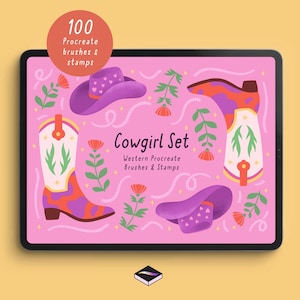 May include: A digital illustration on a tablet featuring a pink background with cowgirl-themed graphics. The design includes cowboy boots, hats, and floral elements. Text reads "Cowgirl Set" and "100 Procreate brushes & stamps."