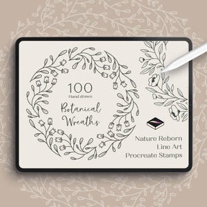 Botanical Wreath Procreate Stamps - 100 Hand Drawn Line Art Frames for Logos, Monograms and Invitations