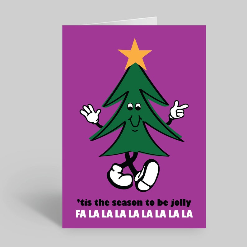 Tis The Season To Be Jolly Christmas Card A6 A5 Retro Christmas Xmas Card Retro Card Mascot Tree Greeting Card Festive Purple