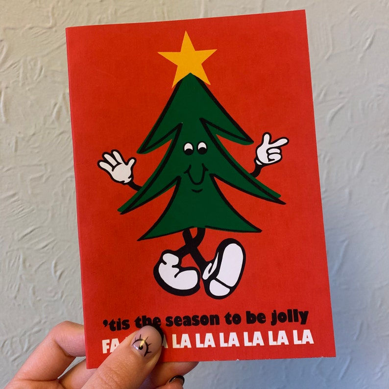 Tis The Season To Be Jolly Christmas Card A6 A5 Retro Christmas Xmas Card Retro Card Mascot Tree Greeting Card Festive image 8