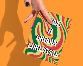 Carte de Noël groovy rétro : style psychédélique des années 1970 (A6, A5)