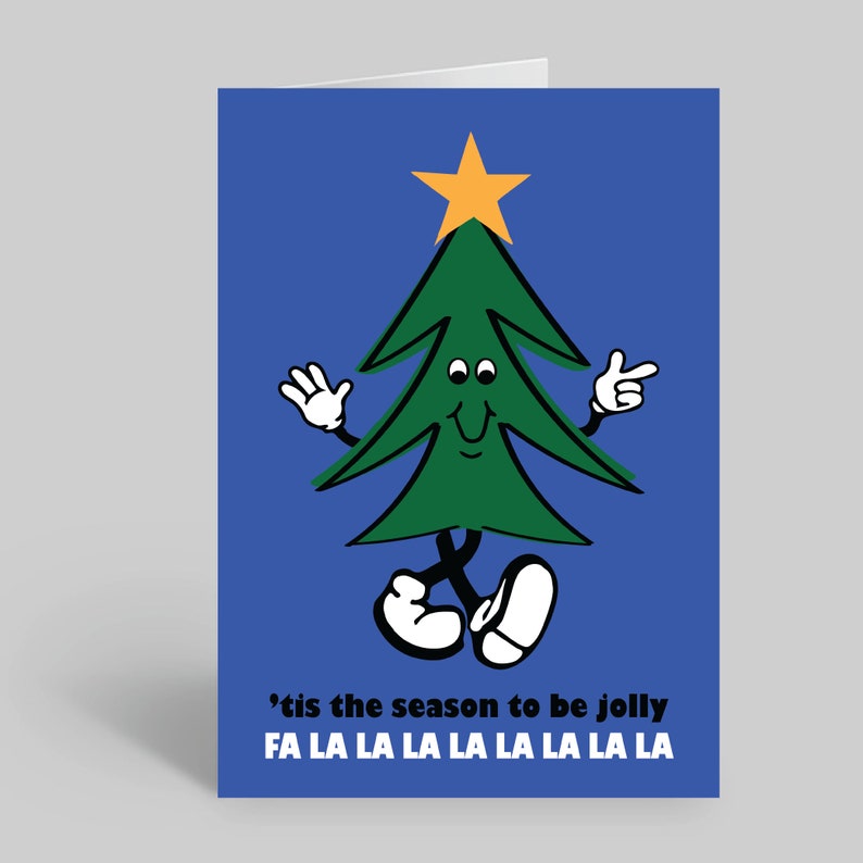 Tis The Season To Be Jolly Christmas Card A6 A5 Retro Christmas Xmas Card Retro Card Mascot Tree Greeting Card Festive Blue