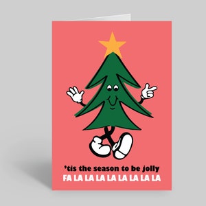 Tis The Season To Be Jolly Christmas Card A6 A5 Retro Christmas Xmas Card Retro Card Mascot Tree Greeting Card Festive Pink