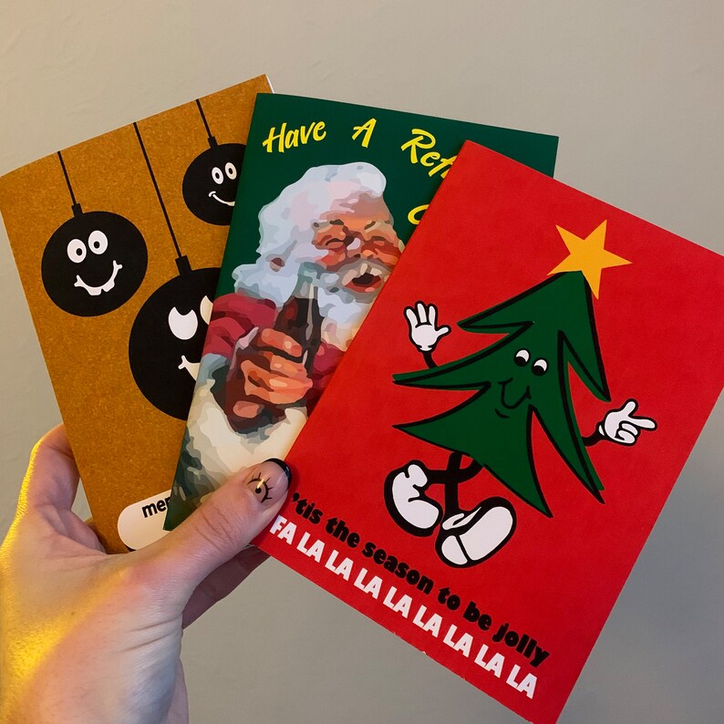 Tis The Season To Be Jolly Christmas Card A6 A5 Retro Christmas Xmas Card Retro Card Mascot Tree Greeting Card Festive image 10