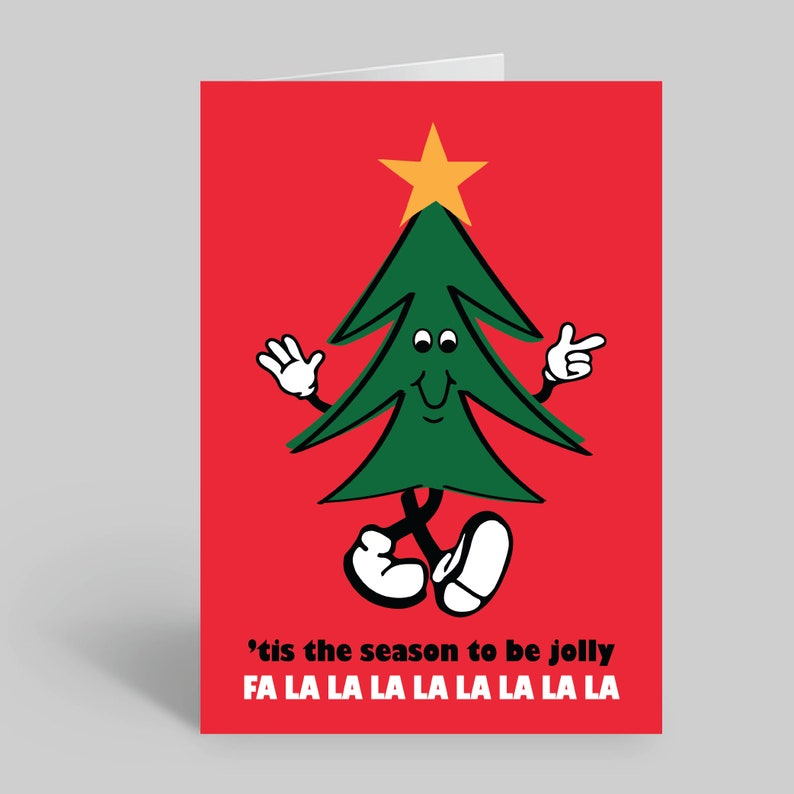 Tis The Season To Be Jolly Christmas Card A6 A5 Retro Christmas Xmas Card Retro Card Mascot Tree Greeting Card Festive Red