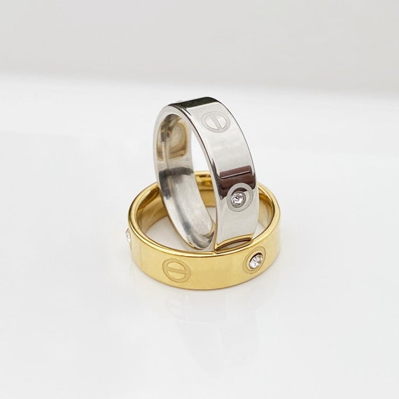 Women's Love Screw Ring With Few Stones lightweight - Gold/Silver, Stackable Rings, Wedding Band, Birthday/Christmas Gift For Her