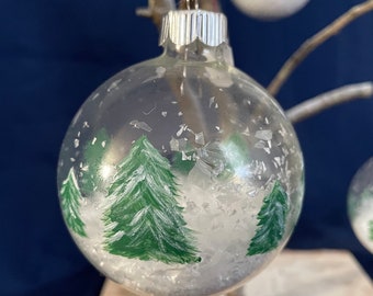 Winter Glass Ornament | Pine Trees Winter Scene Snow Ornament Hand Painted Gift